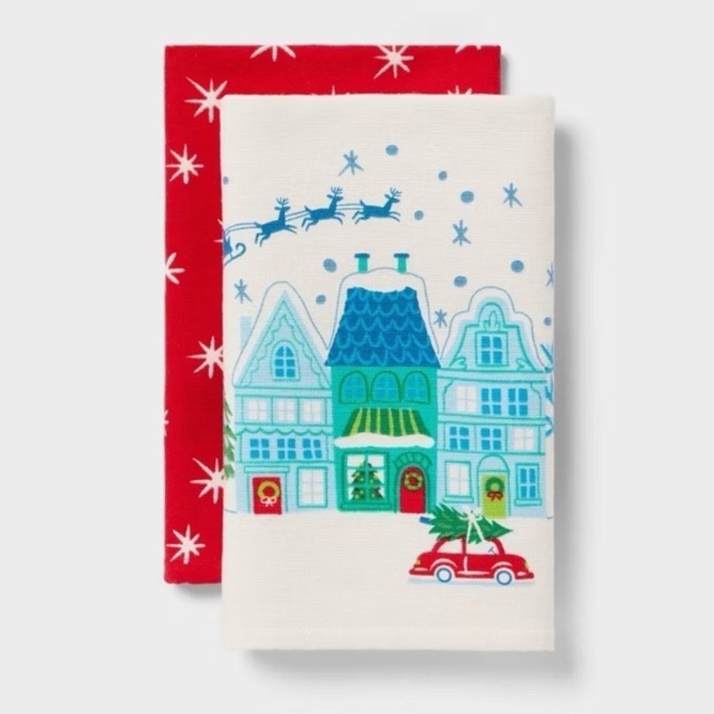 2pk Christmas Winter Village Scene Hand Towels White nwt